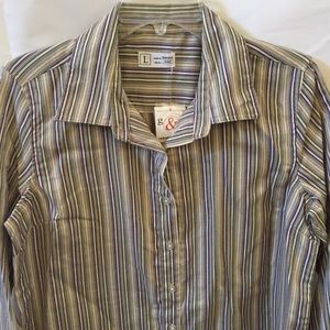 LONG SLEEVE BEIGE PURPLE STRIPE COTTON POLY SHIRT